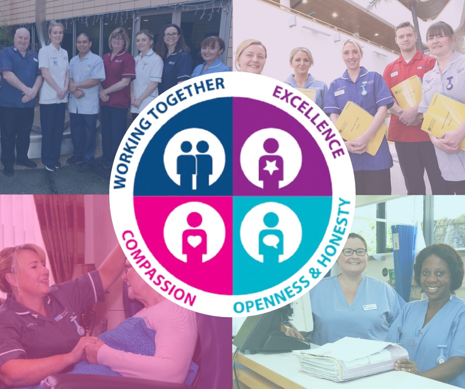 A collage of healthcare staff working in different settings surrounds a central graphic showing four core values: Working Together, Excellence, Compassion, and Openness & Honesty.